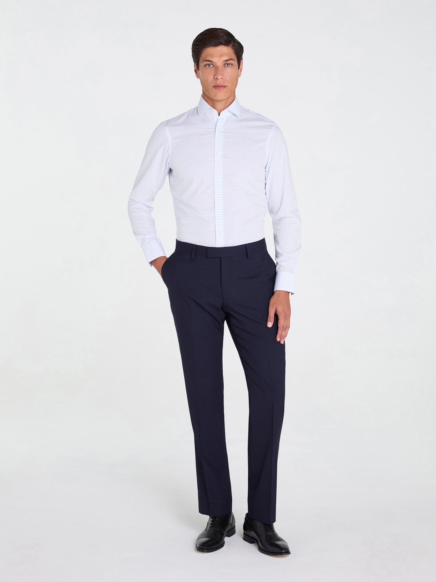 Non-Iron Blue Dash Check Plain Weave Fitted Single Cuff Semi-Cutaway Collar Shirt