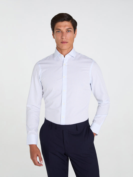 Non-Iron Blue Dash Check Plain Weave Fitted Single Cuff Semi-Cutaway Collar Shirt