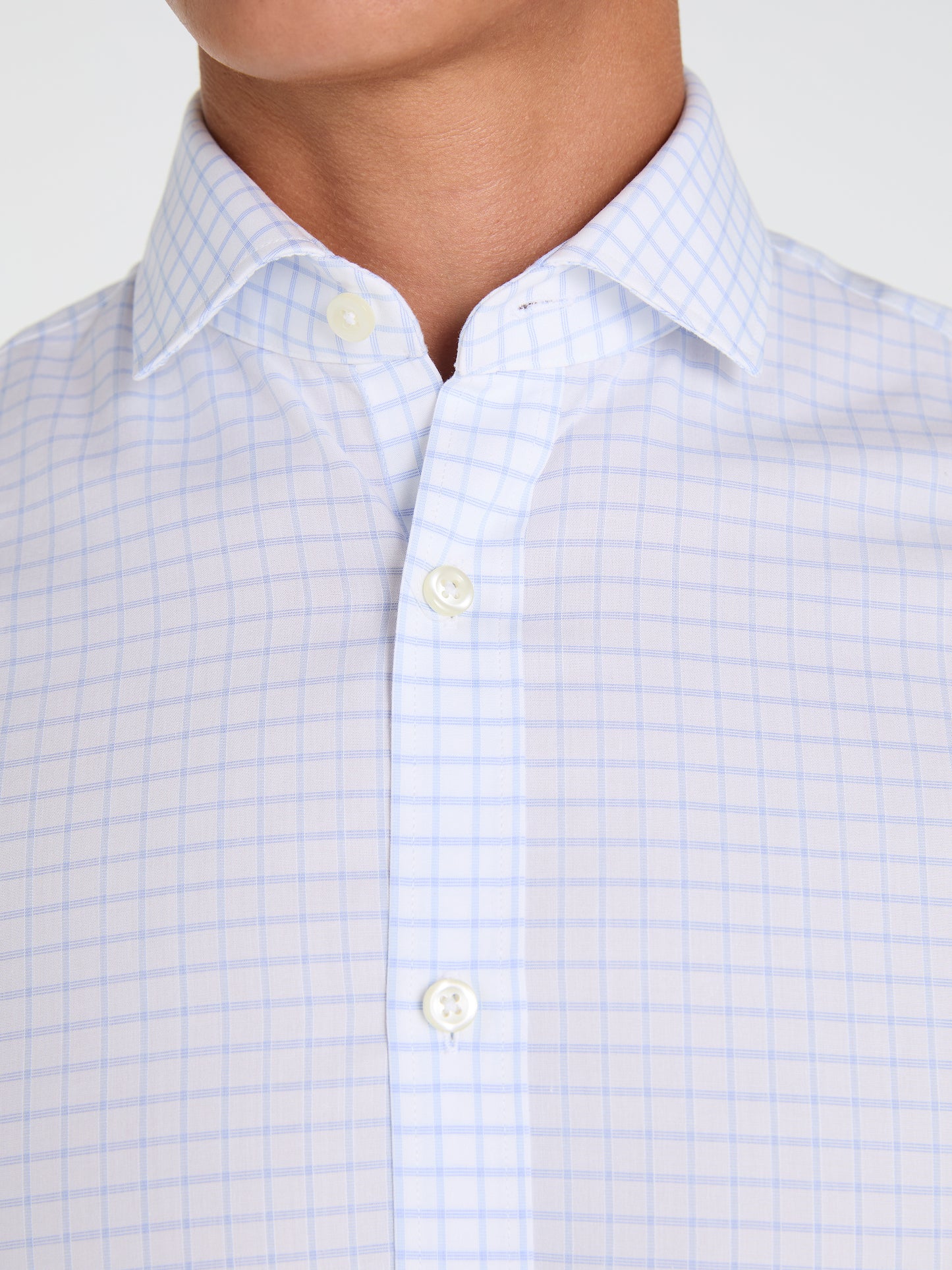 Non-Iron Blue Dash Check Plain Weave Fitted Single Cuff Semi-Cutaway Collar Shirt