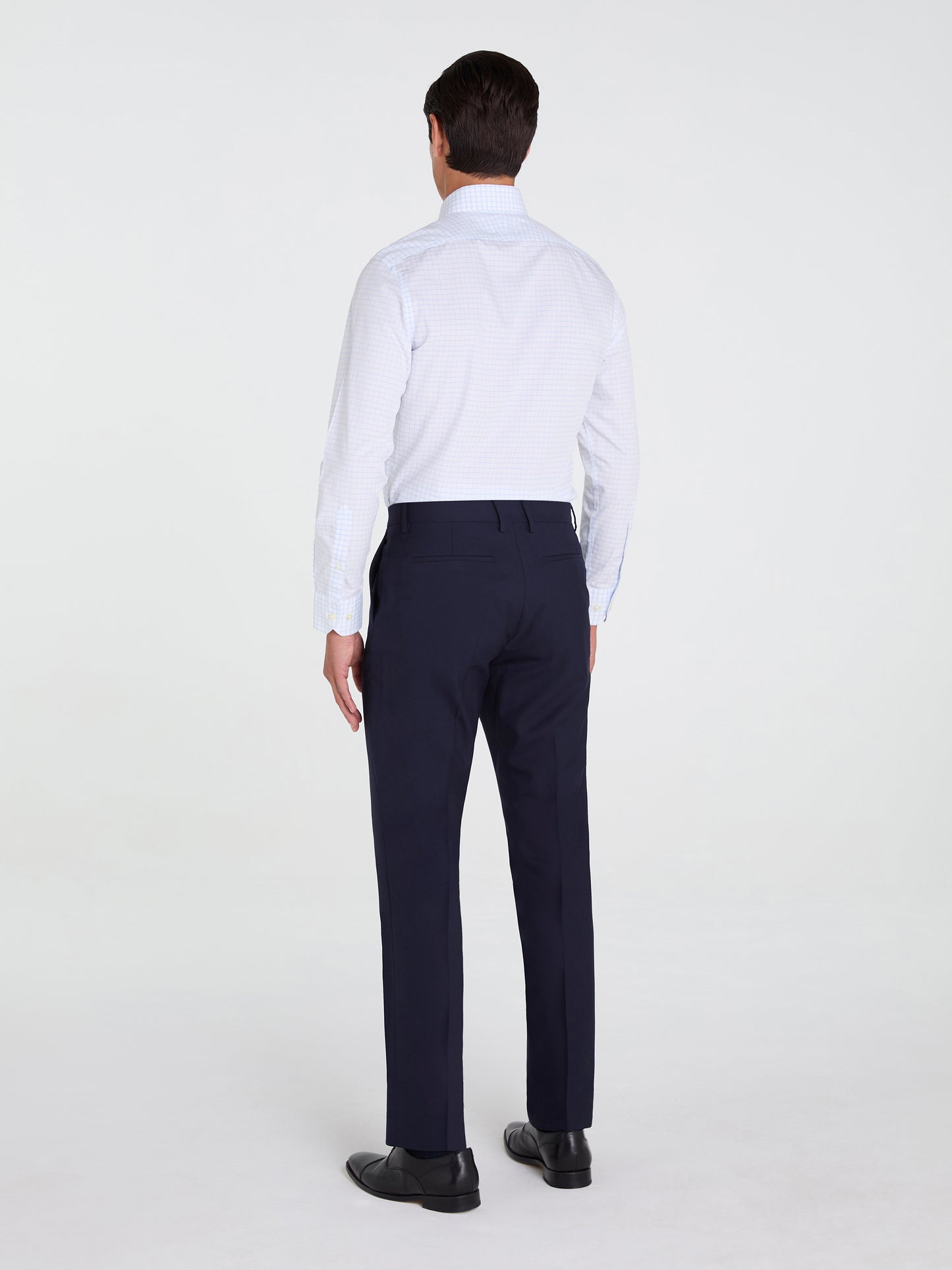 Non-Iron Blue Dash Check Plain Weave Fitted Single Cuff Semi-Cutaway Collar Shirt