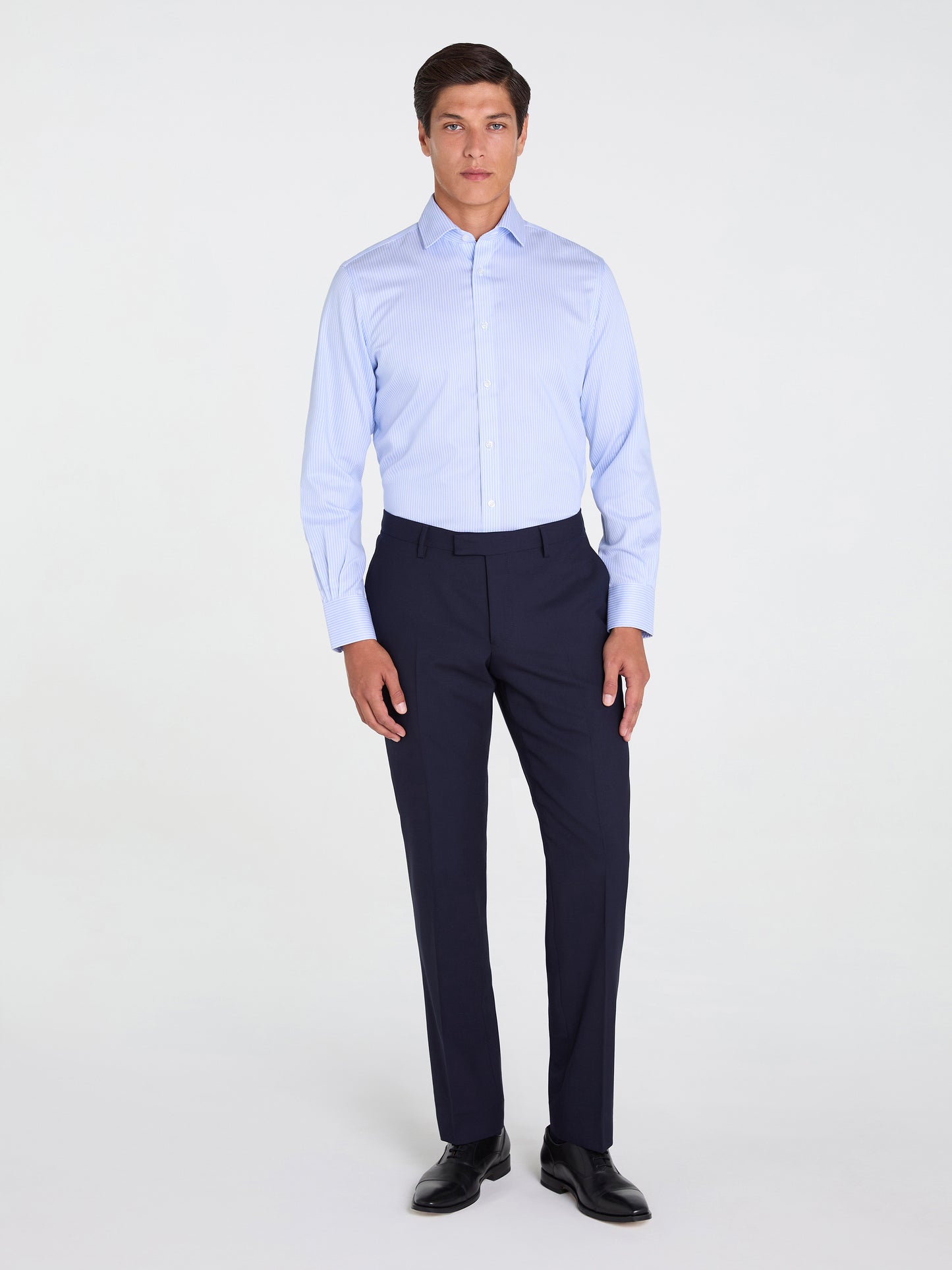 Non-Iron Light Blue Chalk Stripe Twill Slim Fit Single Cuff Classic Collar Shirt