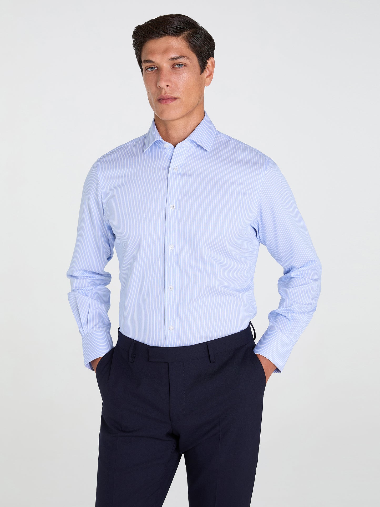 Non-Iron Light Blue Chalk Stripe Twill Slim Fit Single Cuff Classic Collar Shirt