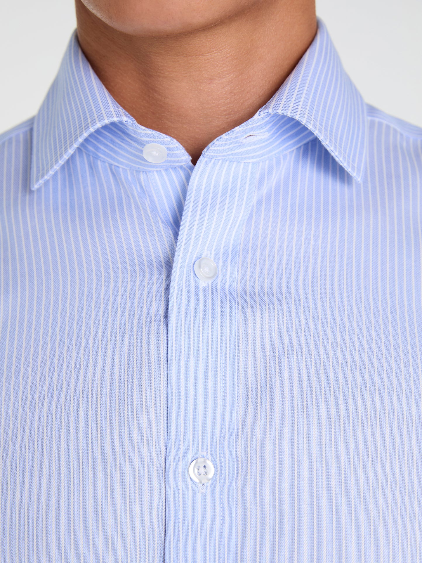 Non-Iron Light Blue Chalk Stripe Twill Slim Fit Single Cuff Classic Collar Shirt
