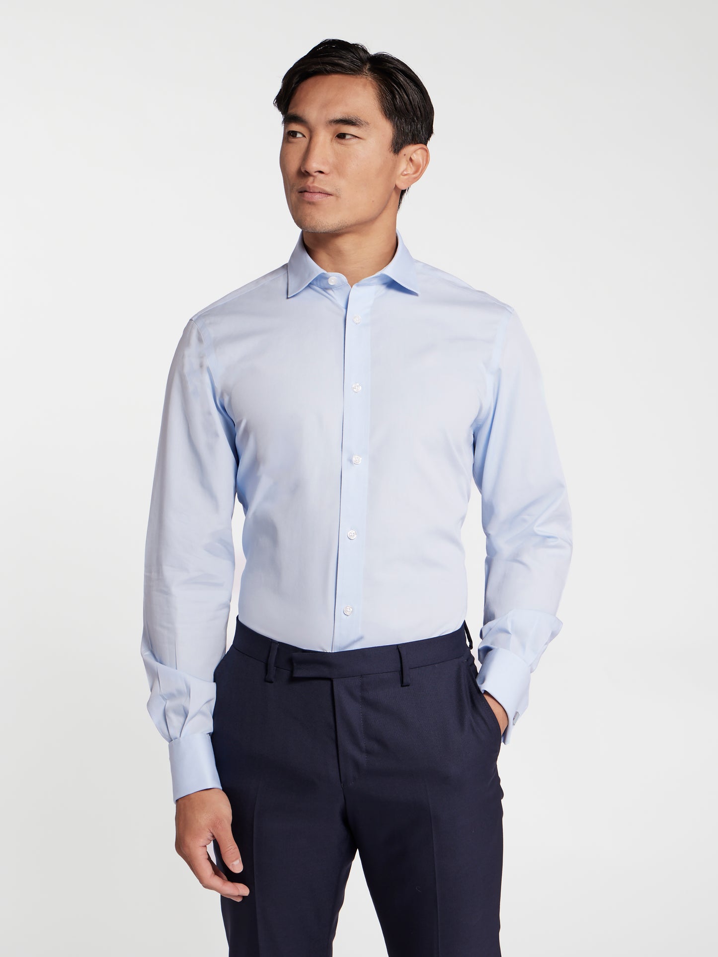 Non-Iron Blue Poplin Regular Fit Double Cuff Classic Collar Shirt