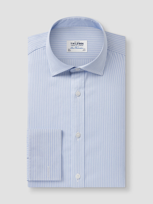 Non-Iron Light Blue Chalk Stripe Twill Slim Fit Double Cuff Classic Collar Shirt