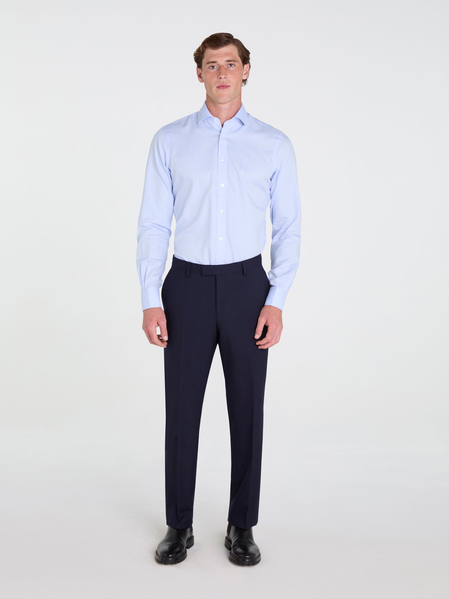 Non-Iron Plain Light Blue Twill Fitted Double Cuff Classic Collar