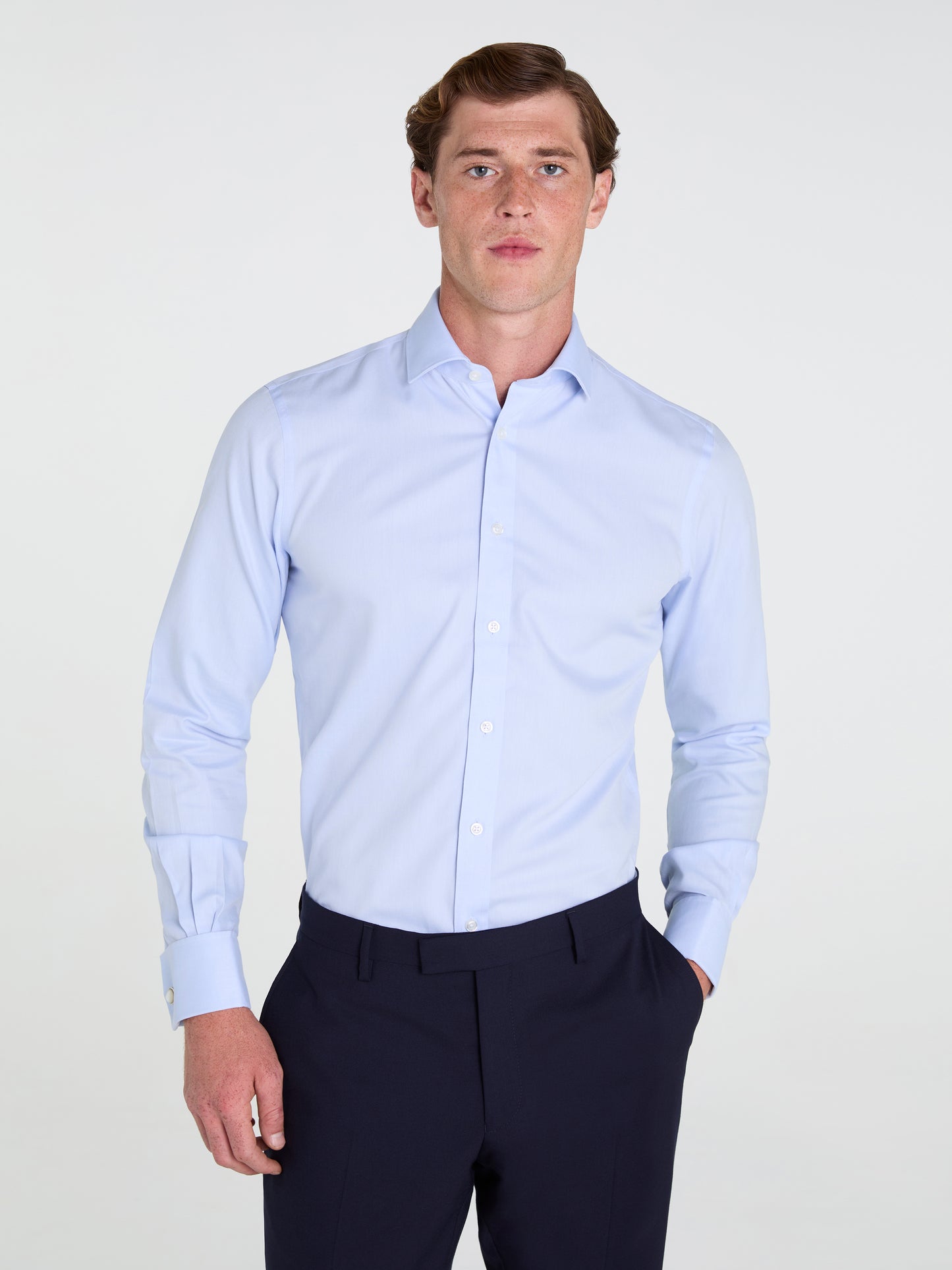 Non-Iron Plain Light Blue Twill Fitted Double Cuff Classic Collar