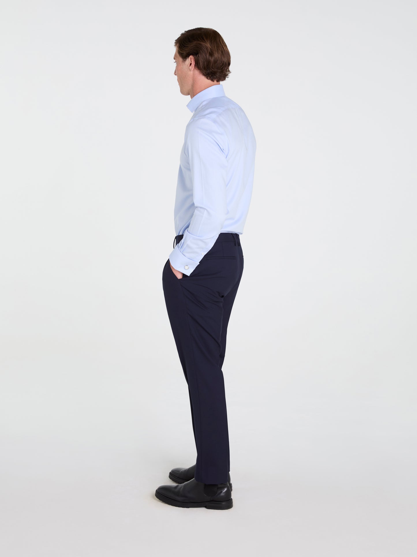 Non-Iron Plain Light Blue Twill Fitted Double Cuff Classic Collar