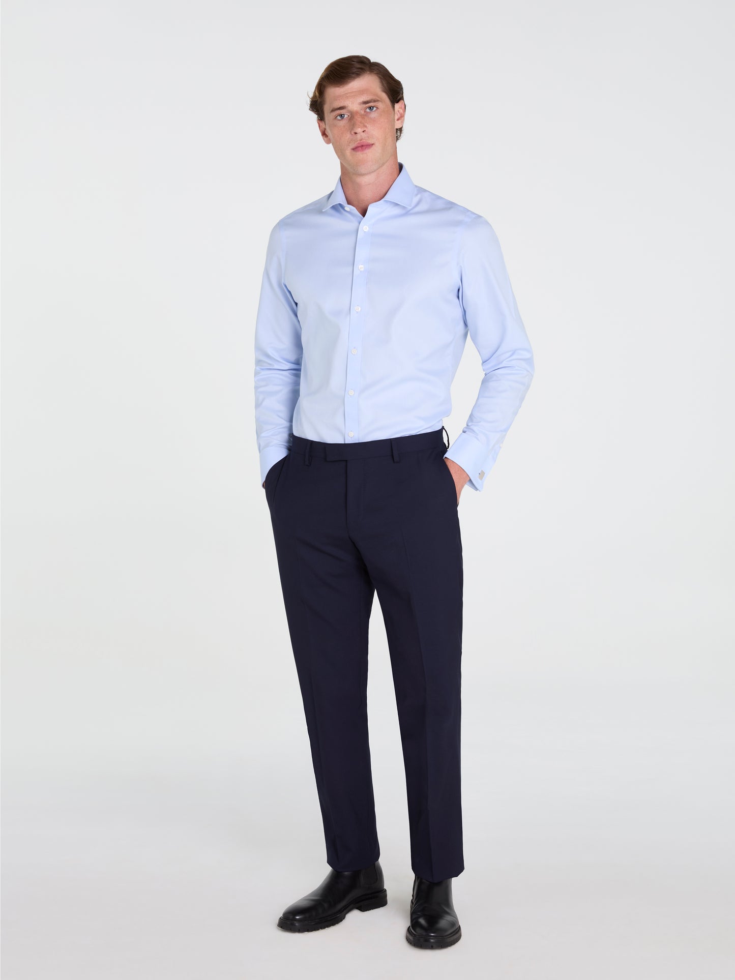 Non-Iron Light Blue Twill Slim Fit Double Cuff Classic Collar Shirt