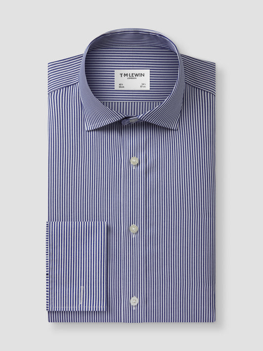 Non-Iron Navy Blue Bengal Stripe Twill Slim Fit Double Cuff Classic Collar Shirt