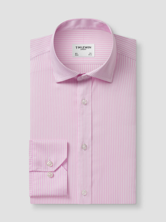Non-Iron Pink Bengal Stripe Twill Fitted Single Cuff Classic Collar Shirt