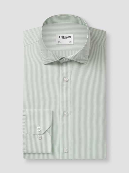 Non-Iron Green Bengal Stripe Twill Fitted Single Cuff Classic Collar Shirt