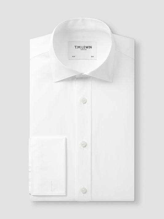 Non-Iron Plain White Poplin Super Fitted Double Cuff Classic Collar Shirt