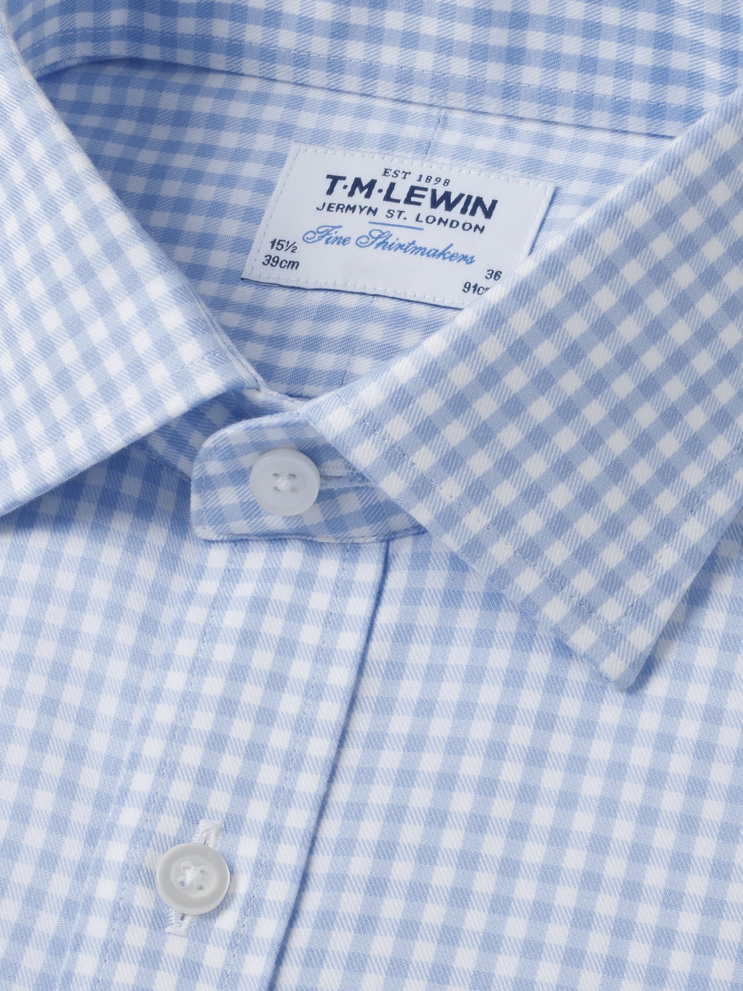 Non-Iron Light Blue Gingham Twill Fitted Single Cuff Classic Collar Shirt