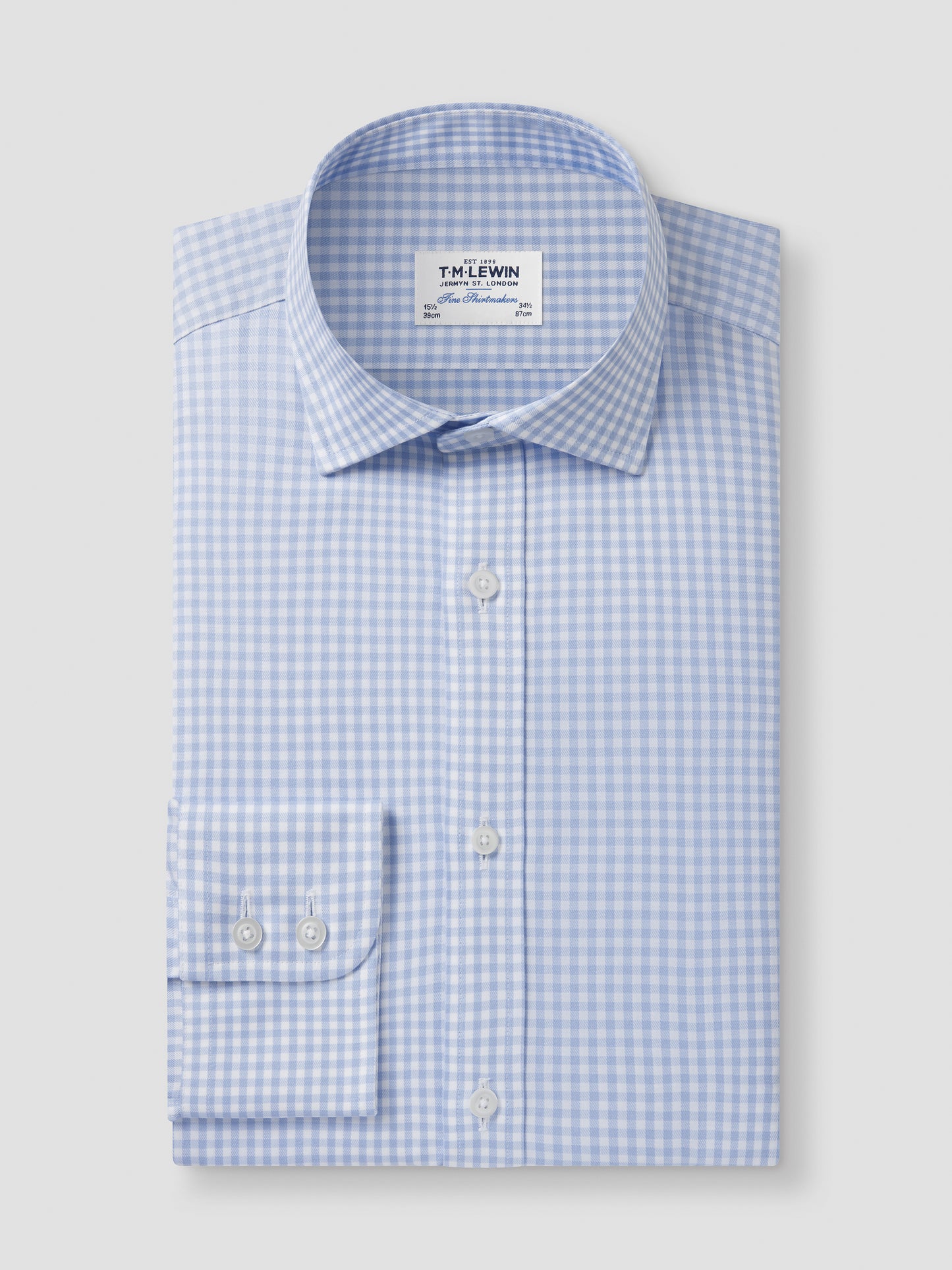 Non-Iron Light Blue Gingham Twill Slim Fit Single Cuff Classic Collar Shirt