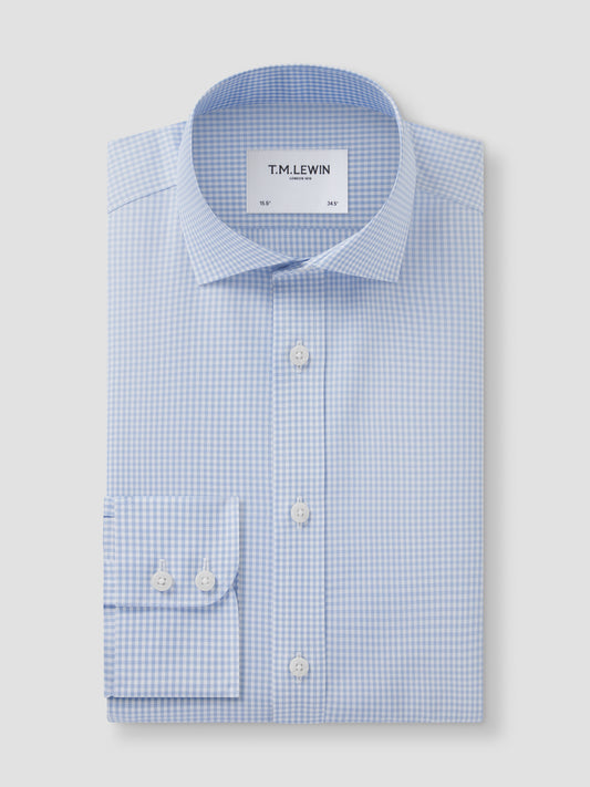 Non-Iron Gingham Light Blue Poplin Slim Fit Single Cuff Classic Collar Shirt