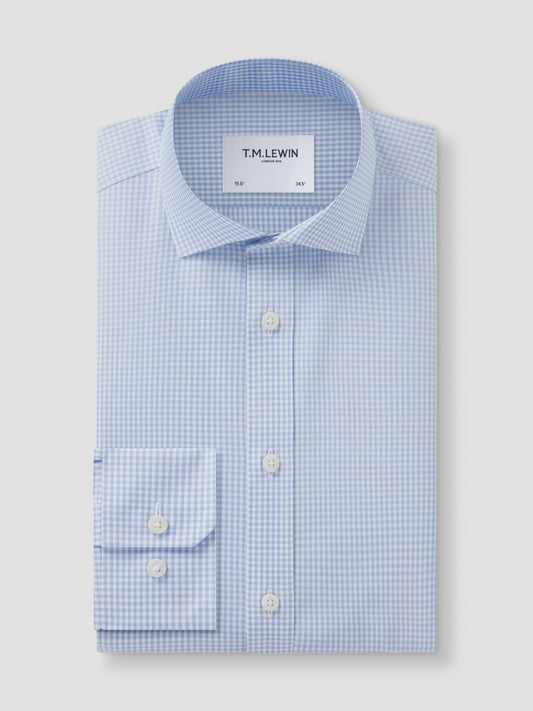 Non-Iron Gingham Light Blue Poplin Fitted Single Cuff Classic Collar Shirt