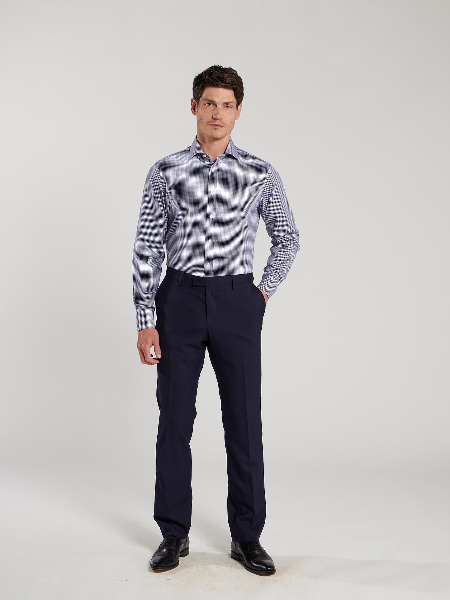 Non-Iron Gingham Navy Poplin Super Fitted Single Cuff Classic Collar Shirt