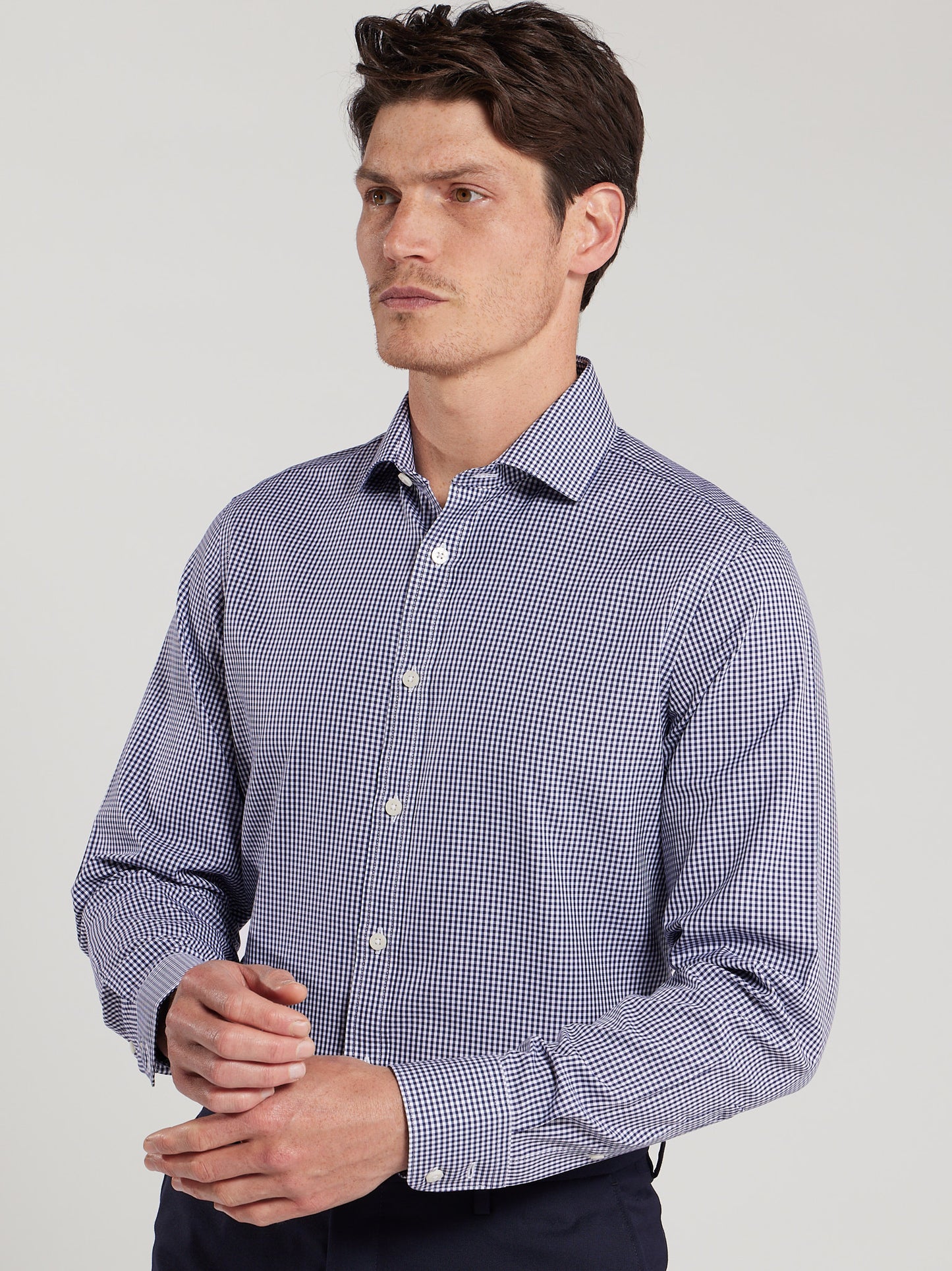 Non-Iron Gingham Navy Poplin Super Fitted Single Cuff Classic Collar Shirt