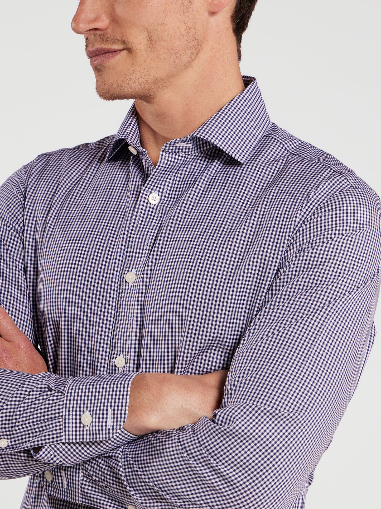 Non-Iron Gingham Navy Poplin Super Fitted Single Cuff Classic Collar Shirt