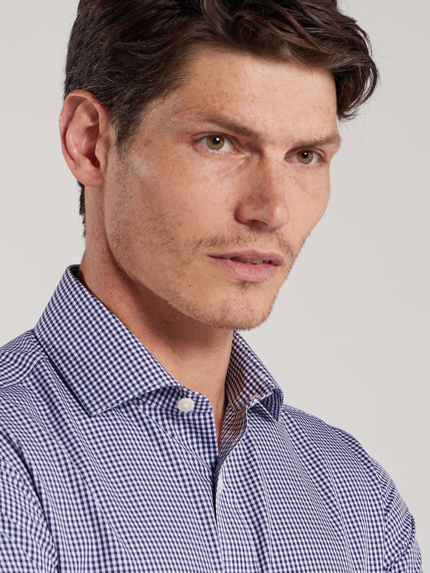 Non-Iron Gingham Navy Poplin Super Fitted Single Cuff Classic Collar Shirt