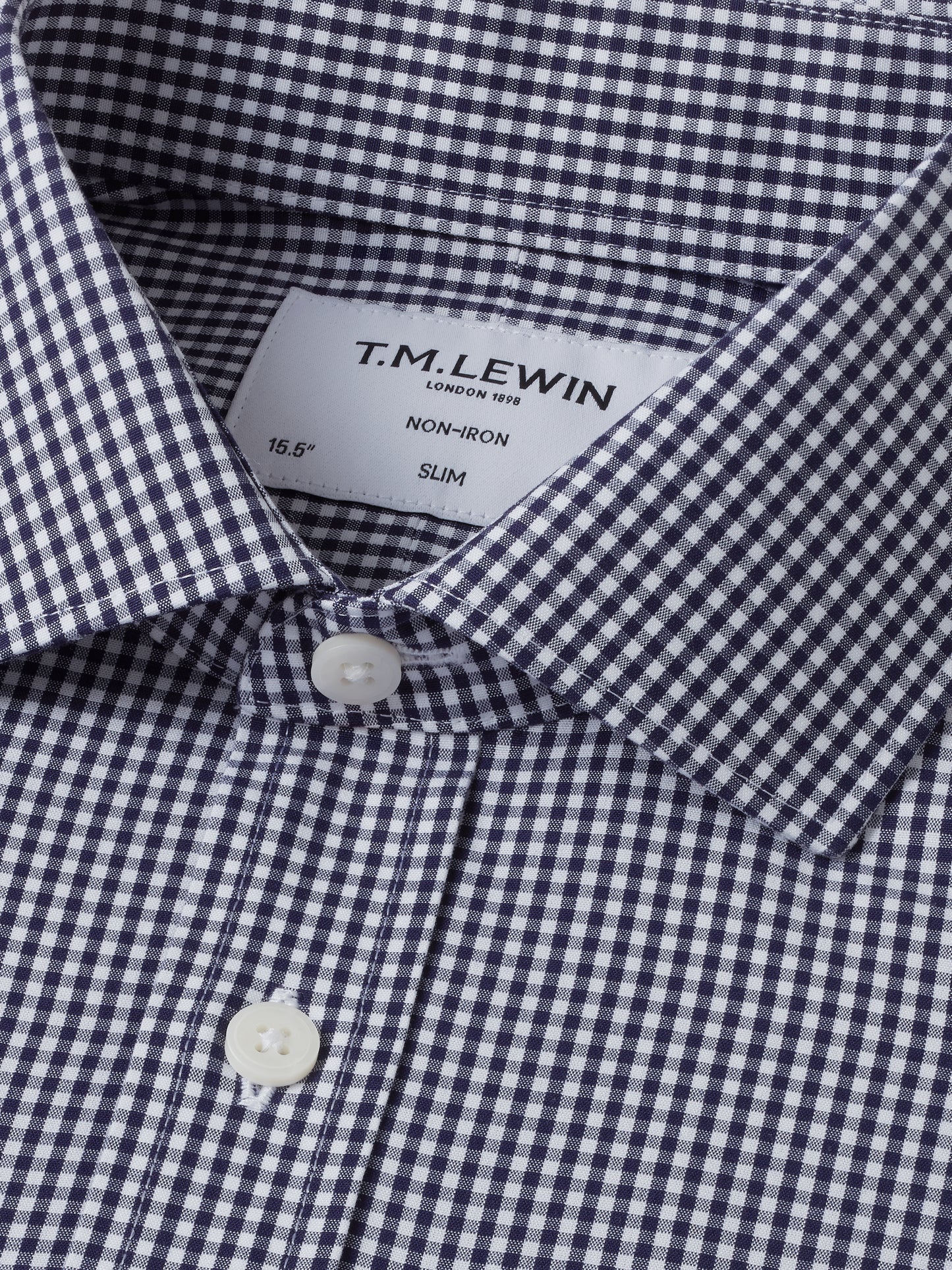 Non-Iron Gingham Navy Poplin Super Fitted Single Cuff Classic Collar Shirt