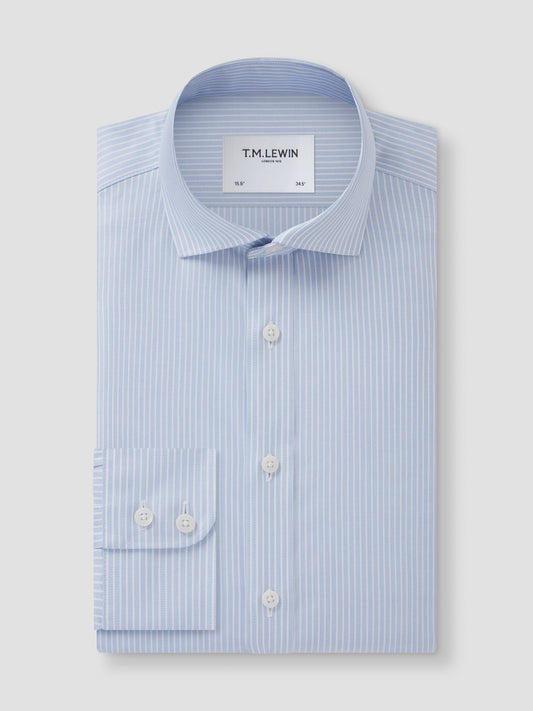 Non-Iron Chalk Stripe Light Blue Twill Fitted Single Cuff Classic Collar