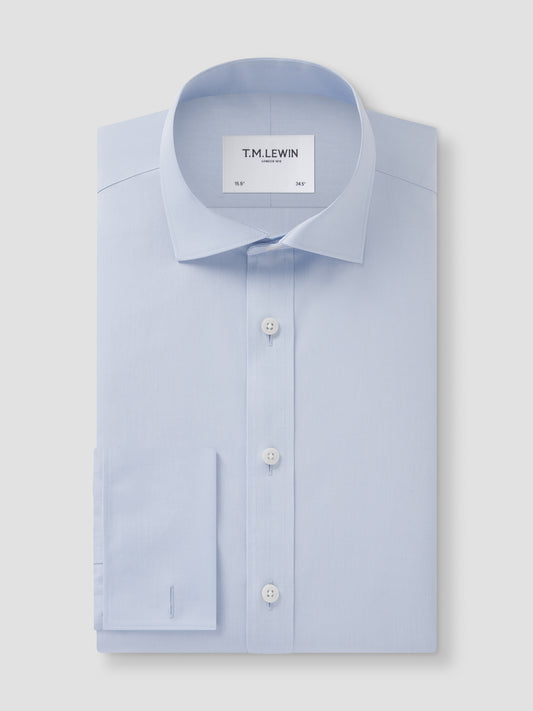 Non-Iron Plain Light Blue Poplin Fitted Double Cuff Classic Collar Shirt