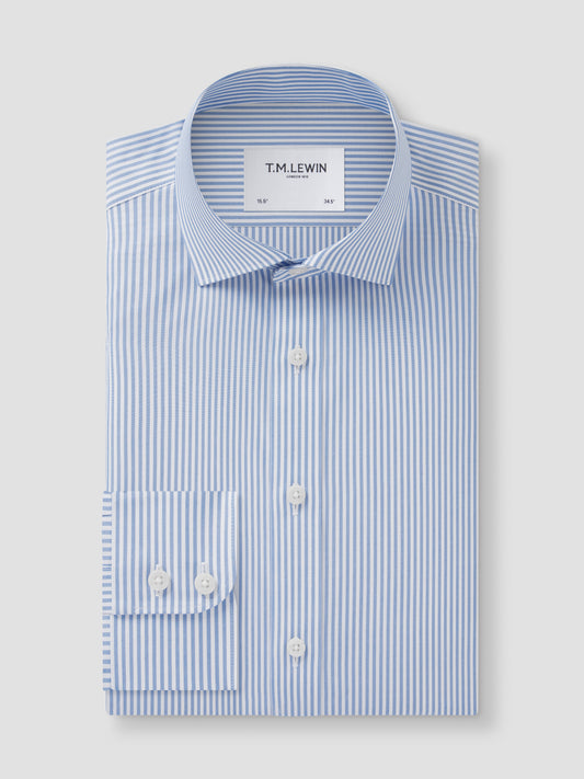 Non-Iron Bengal Stripe Light Blue Poplin Slim Fit Single Cuff Classic Collar Shirt