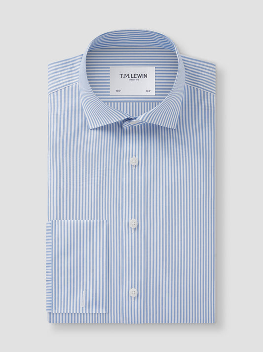 Non-Iron Bengal Stripe Light Blue Poplin Slim Fit Double Cuff Classic Collar Shirt