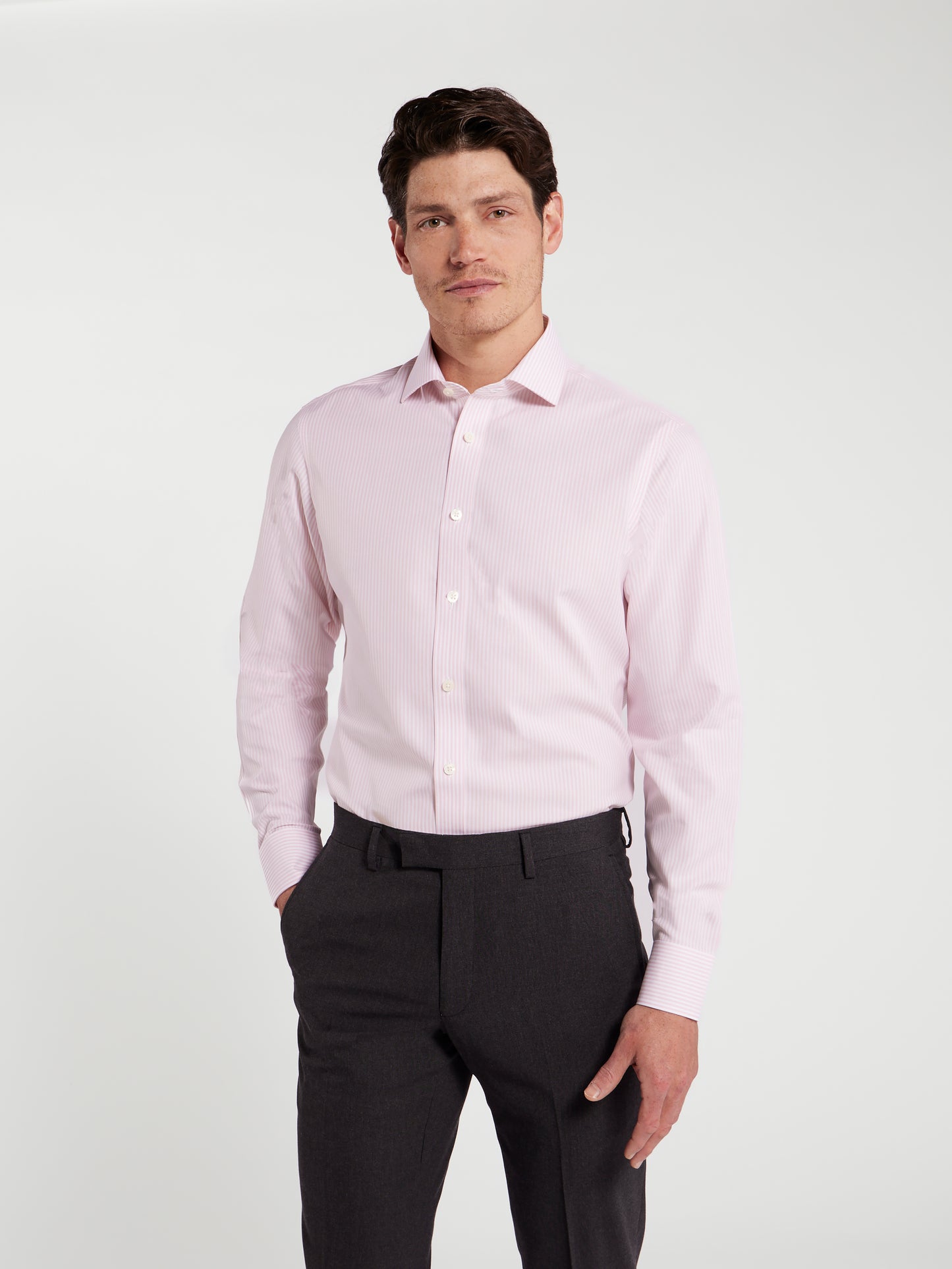 Non-Iron Bengal Stripe Light Pink Poplin Slim Fit Single Cuff Classic Collar Shirt
