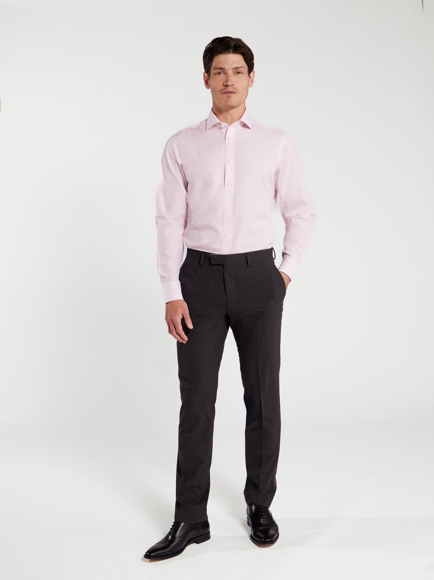 Non-Iron Bengal Stripe Light Pink Poplin Slim Fit Single Cuff Classic Collar Shirt