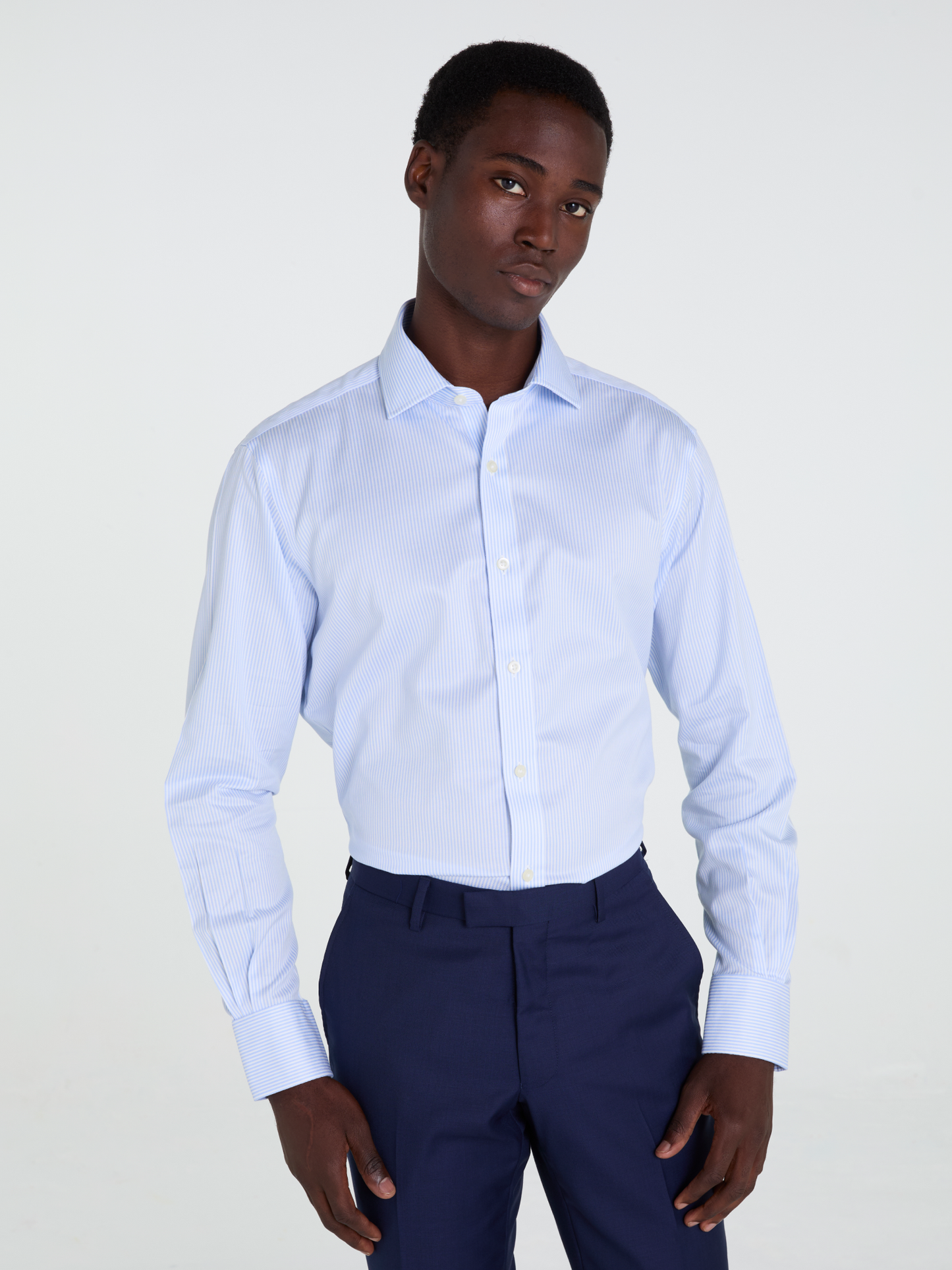 Non-Iron Light Blue Bengal Stripe Twill Fitted Single Cuff Classic Collar Shirt