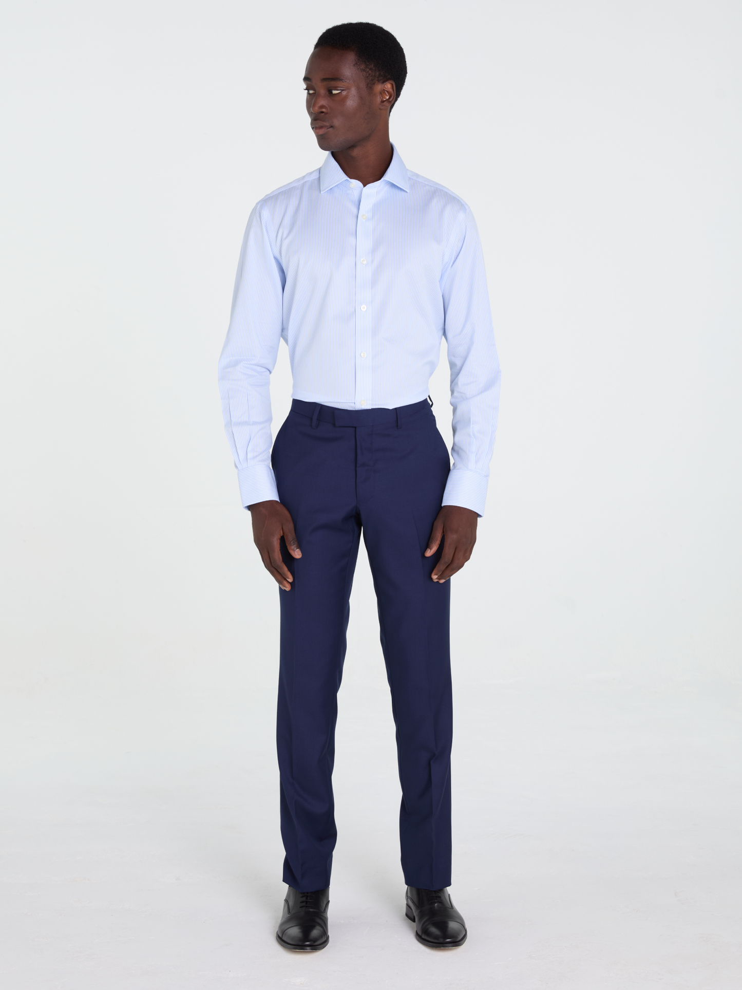 Non-Iron Light Blue Bengal Stripe Twill Fitted Single Cuff Classic Collar Shirt