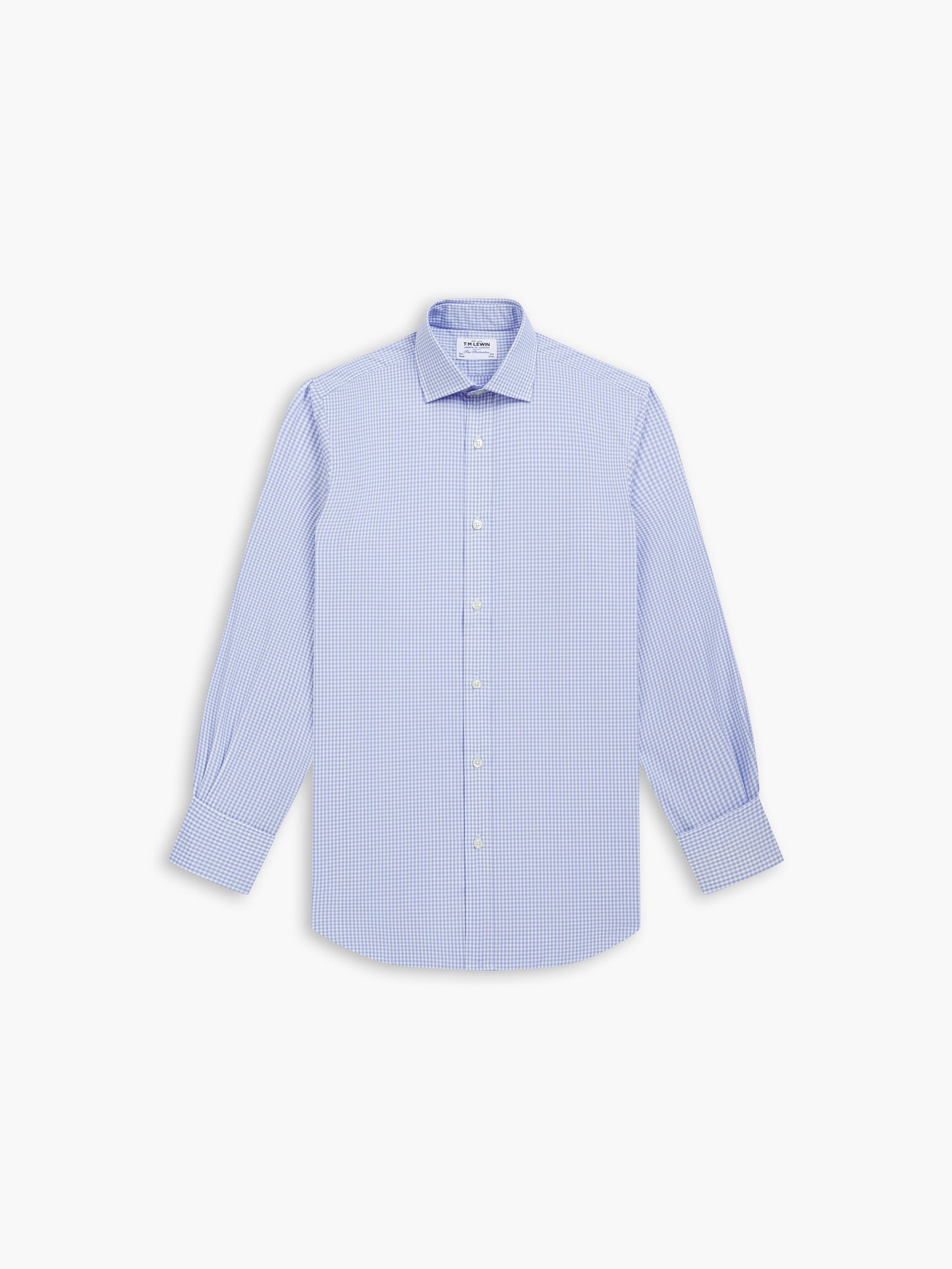 Light Blue Small Gingham Poplin Slim Fit Double Cuff Classic Collar Shirt