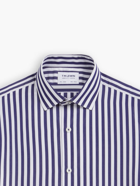 Max Cool Navy Blue Awning Stripe Poplin Slim Fit Single Cuff Classic Collar Shirt