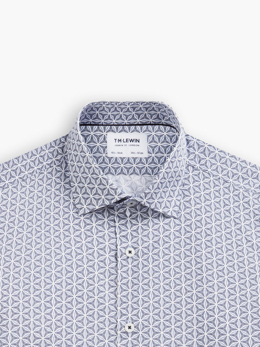 Max Cool Navy Blue Kaleidoscope Print Twill Slim Fit Single Cuff Classic Collar Shirt