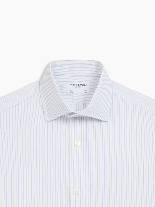 Image 1 of Non-Iron Navy Blue Dash Stripe Plain Weave Slim Fit Single Cuff Semi Cutaway Collar Shirt