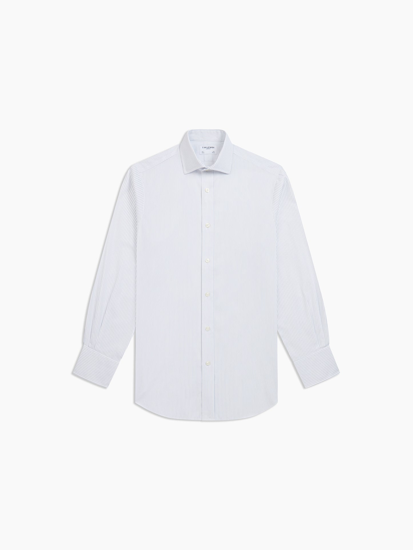 Image 2 of Non-Iron Navy Blue Dash Stripe Plain Weave Slim Fit Single Cuff Semi Cutaway Collar Shirt