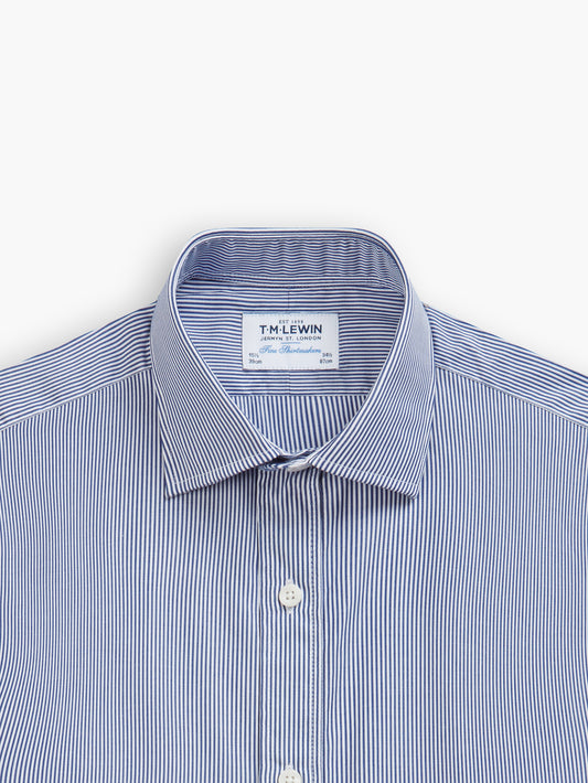 Navy Blue Mini Bengal Stripe Plain Weave Super Fitted Double Cuff Classic Collar Shirt