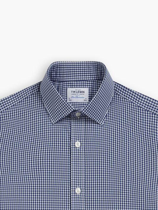 Navy Blue Small Gingham Poplin Super Fitted Single Cuff Classic Collar Shirt
