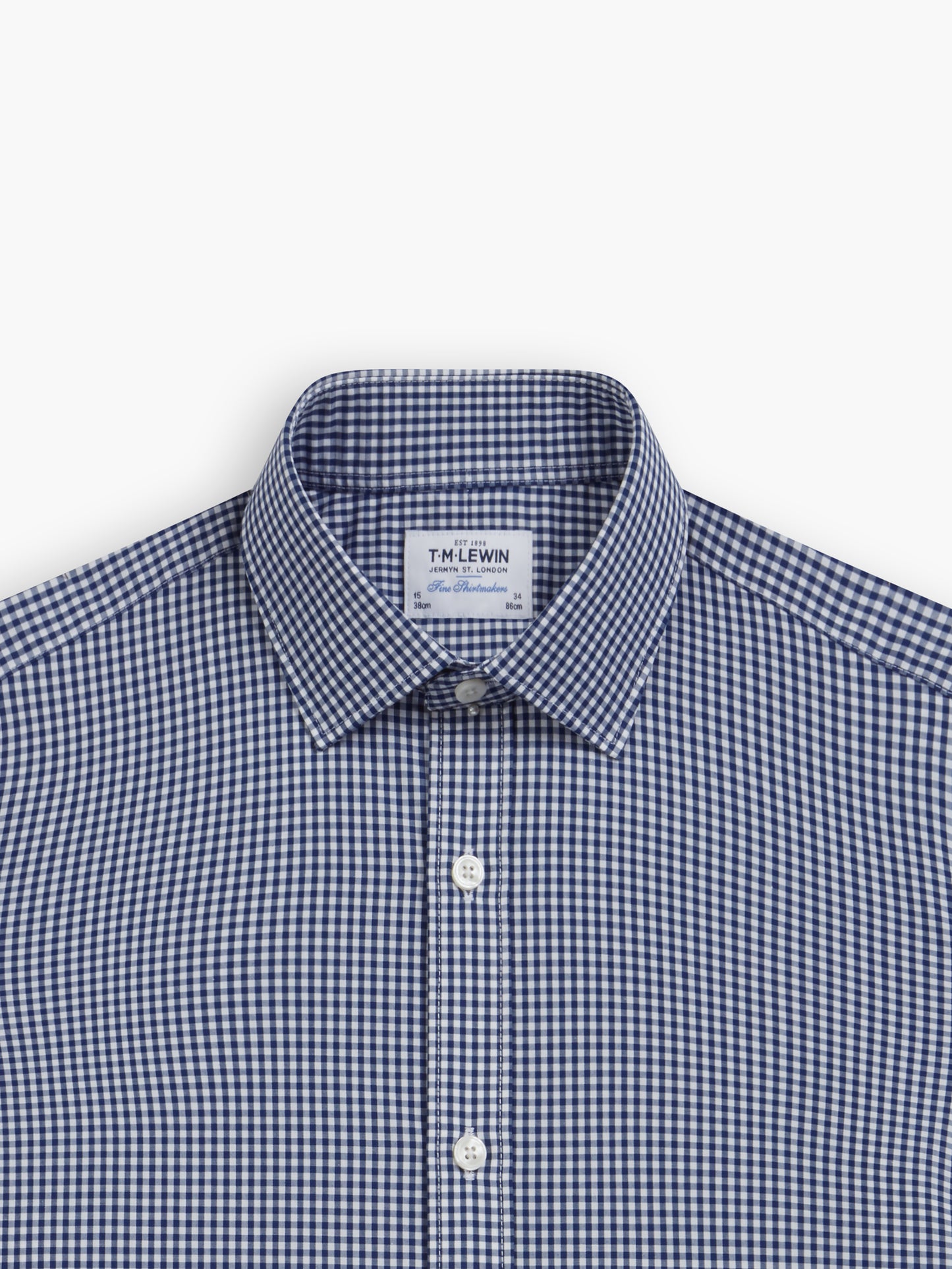 Navy Blue Small Gingham Poplin Fitted Single Cuff Classic Collar Shirt