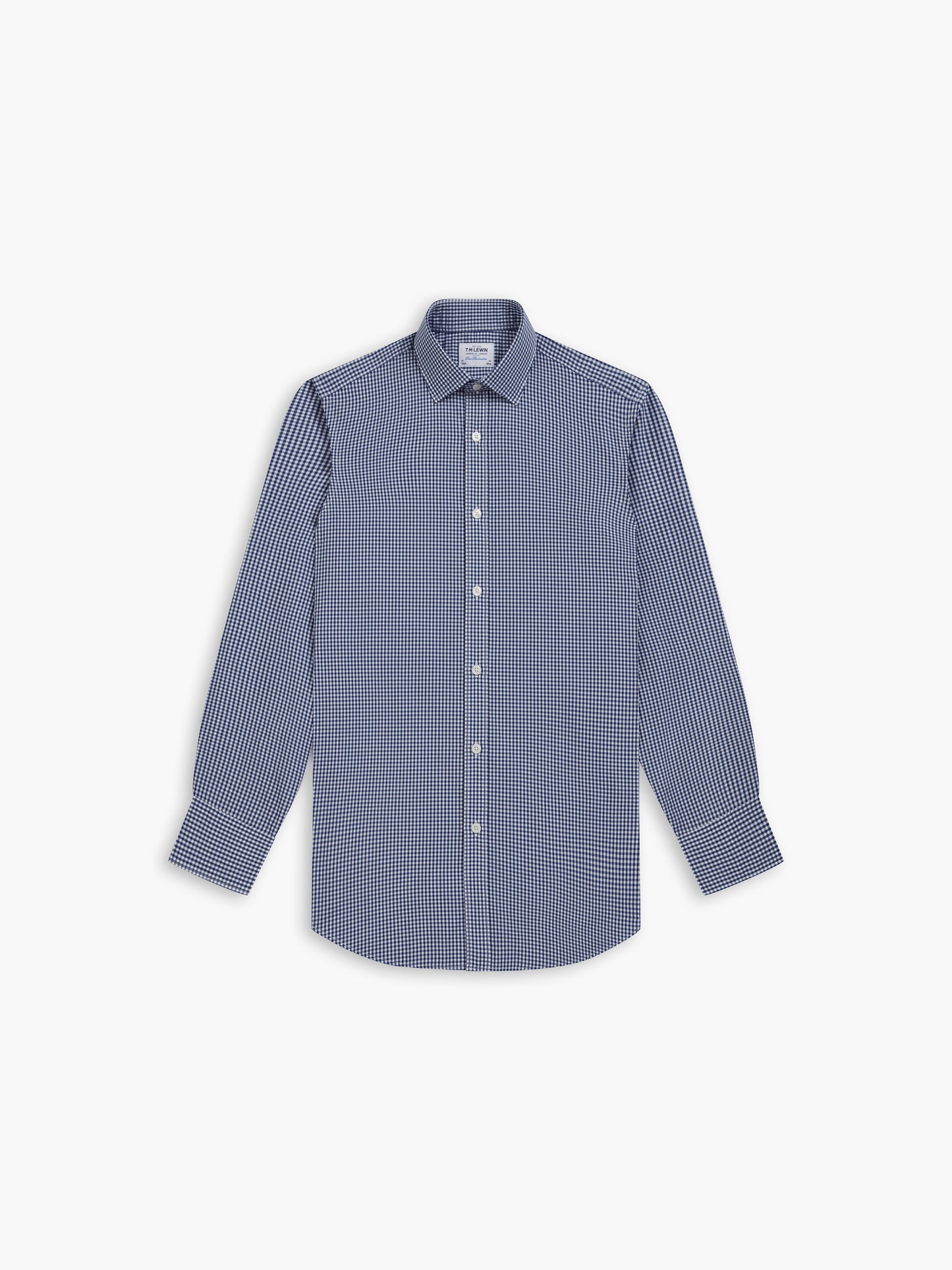 Navy Blue Small Gingham Poplin Slim Fit Single Cuff Classic Collar Shirt