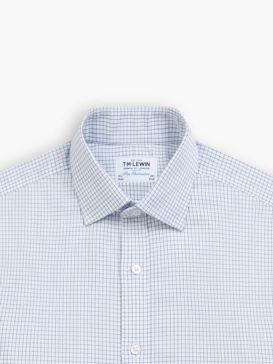 Non-Iron Navy Blue Grid Check Twill Fitted Single Cuff Classic Collar Shirt