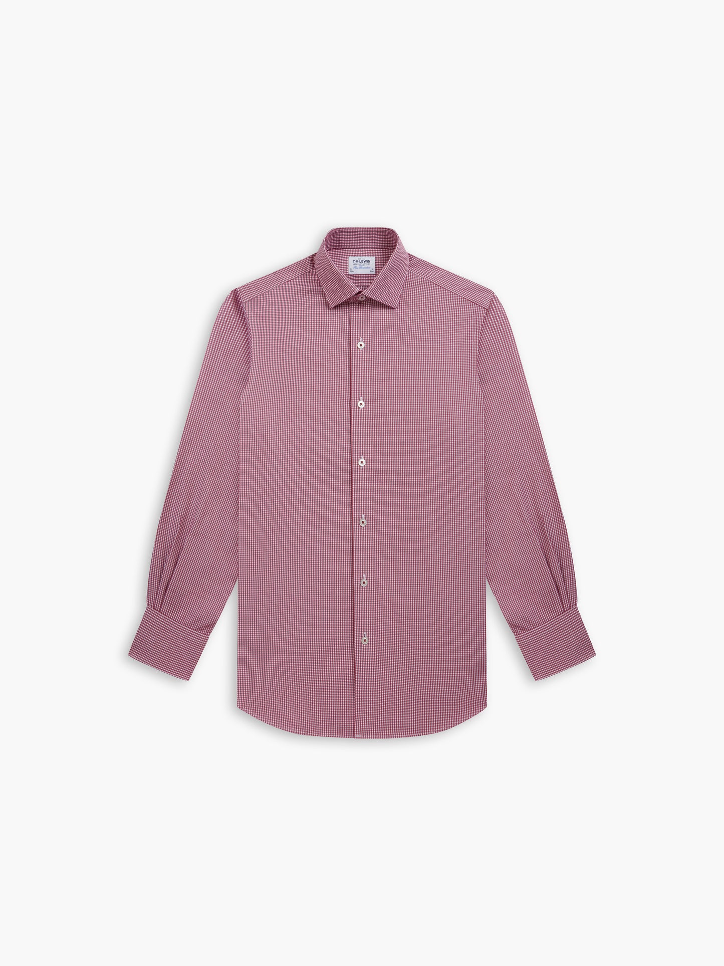 Non-Iron Burgundy Mini Plaid Check Plain Weave Regular Fit Single Cuff Classic Collar Shirt