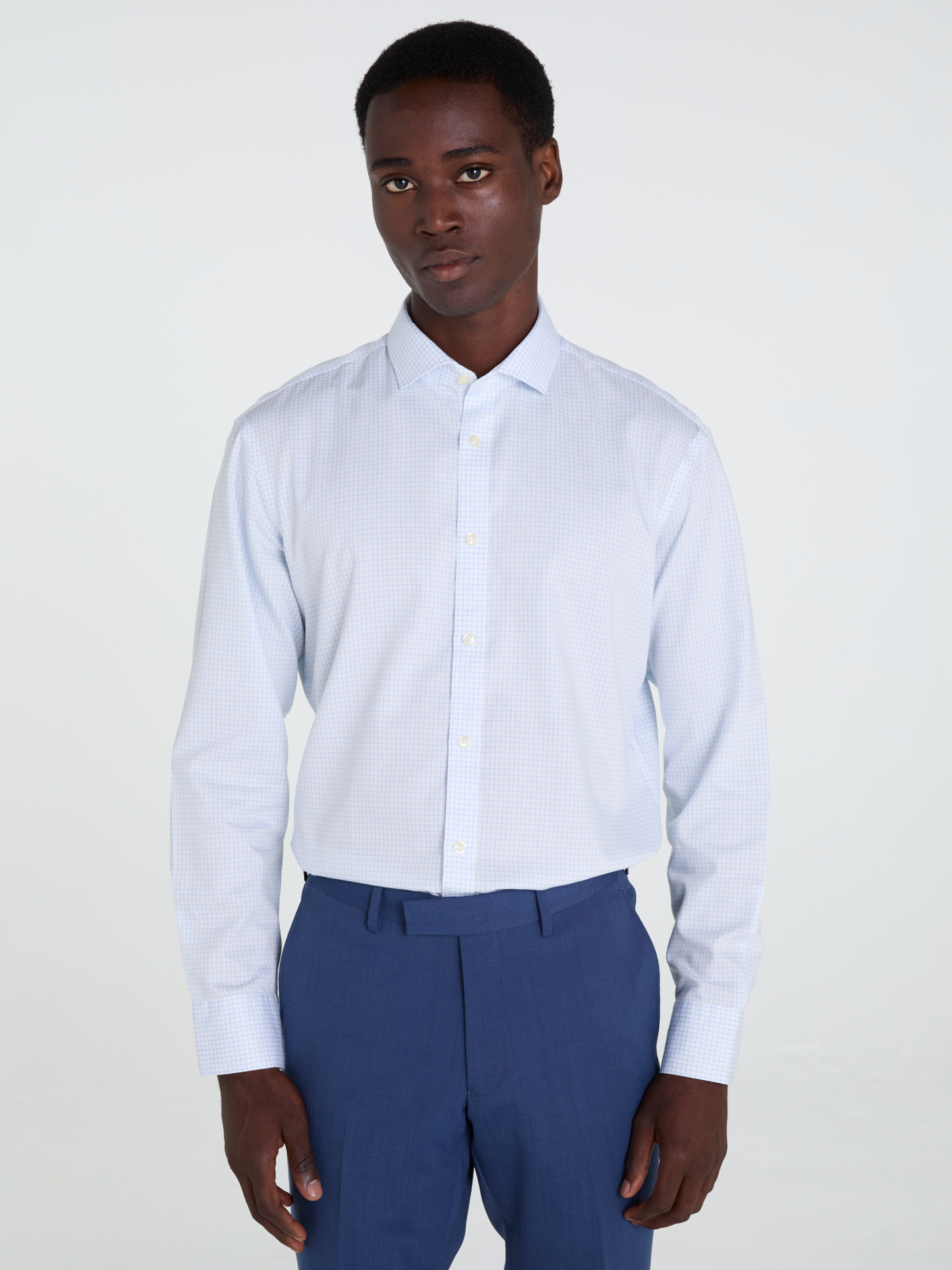Non-Iron Blue Grid Check Twill Slim Fit Single Cuff Classic Collar Shirt