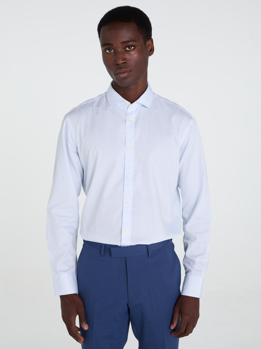 Non-Iron Blue Grid Check Twill Fitted Single Cuff Semi Cutaway Collar Shirt