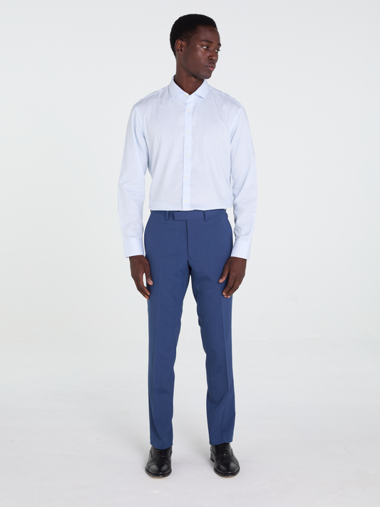 Non-Iron Blue Grid Check Twill Fitted Single Cuff Classic Collar Shirt