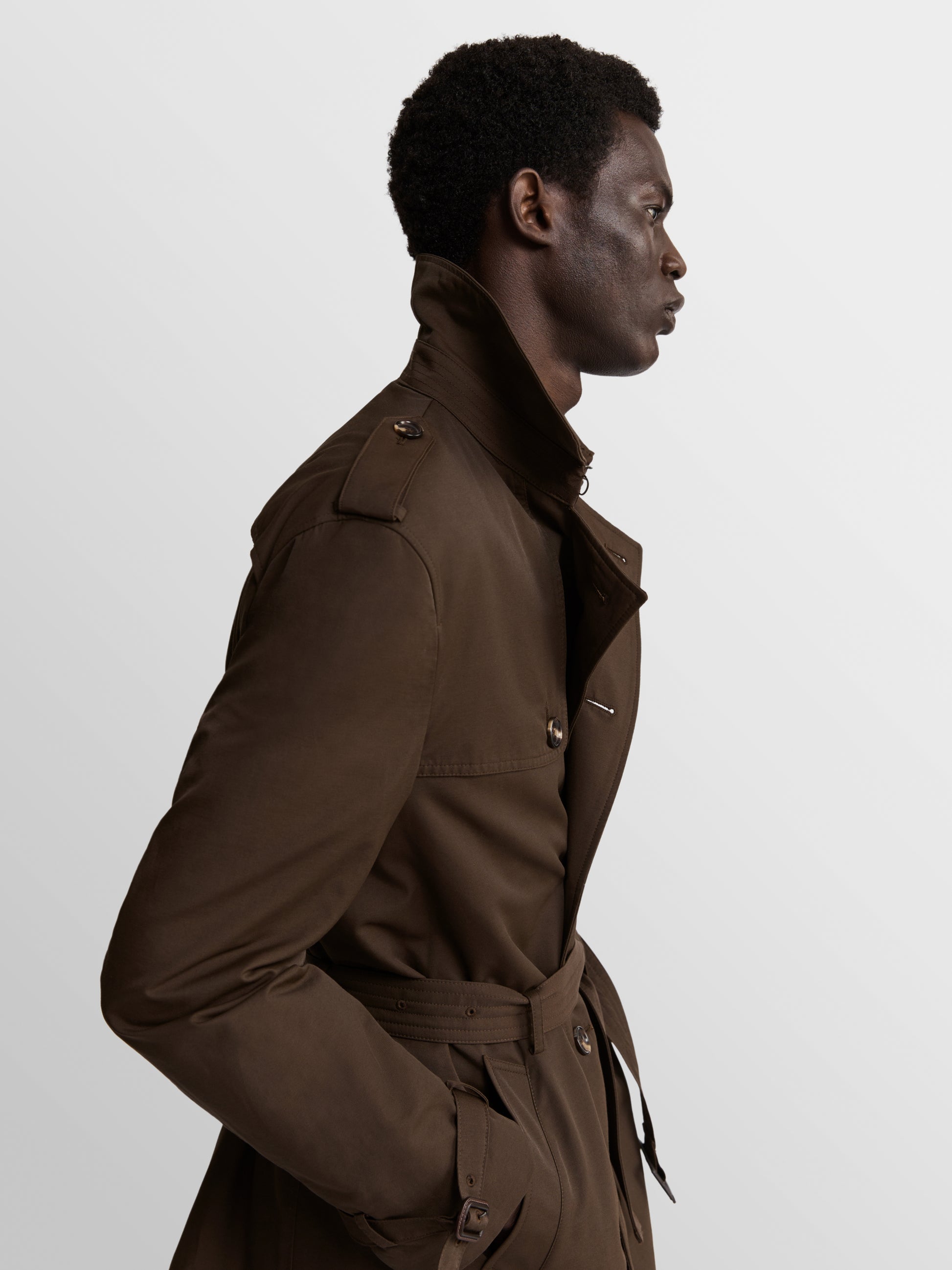 Image 4 of Spencer Slim Fit Trench Coat in Olive Showerproof Fabric