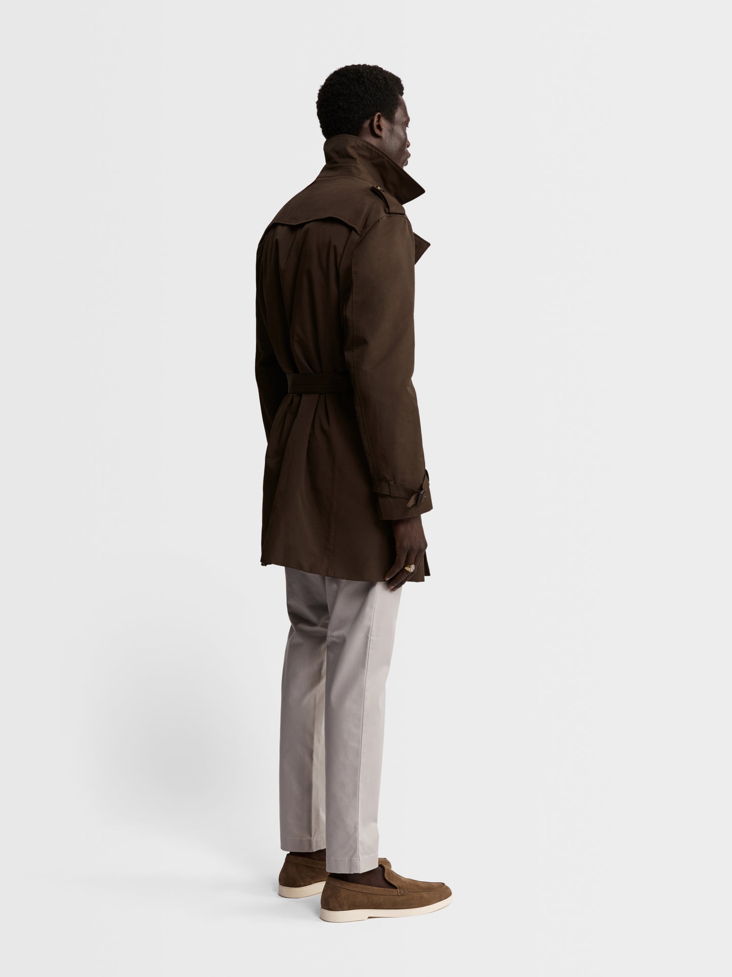 Image 6 of Spencer Slim Fit Trench Coat in Olive Showerproof Fabric